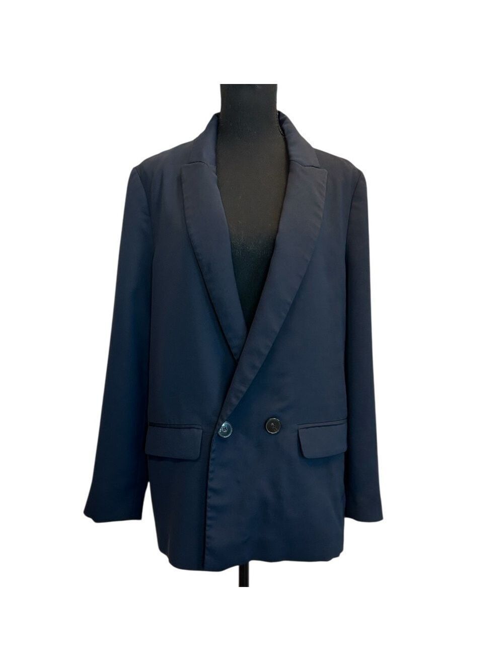 Zara women’s dark navy blue double breasted oversized blazer jacket Sz M